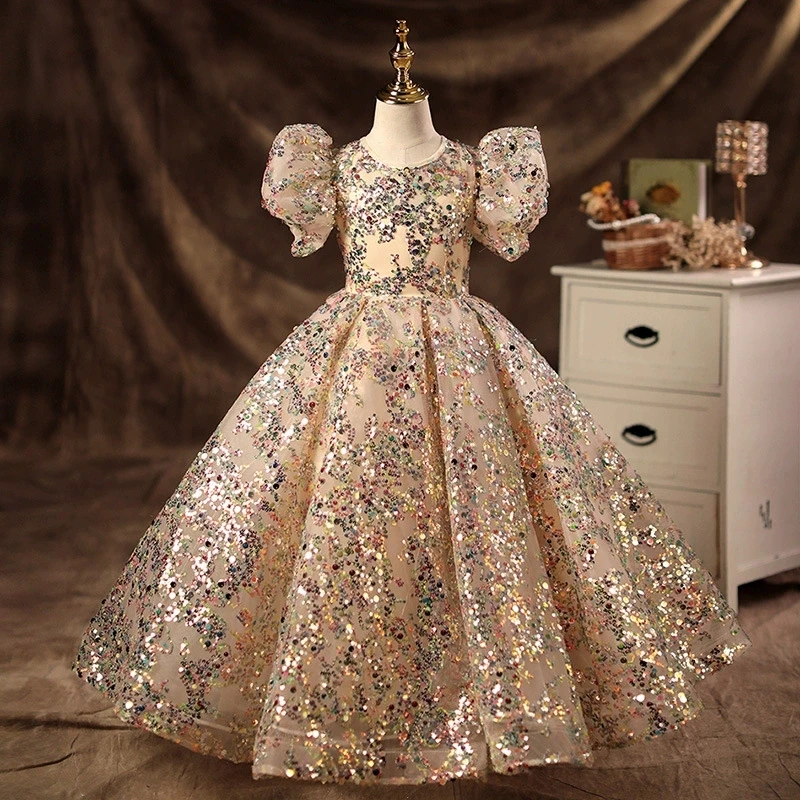 sparkling golden sequin princess ball gowns kid luxury party celebration golden sequin dress custom real photos