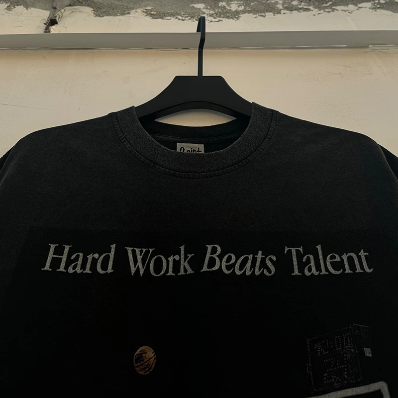 Playing Basketball Print Hard Work Beats Talent Saint T Shirt Men Women Vintage Washed Black T-Shirt Top Quality Cotton Tee