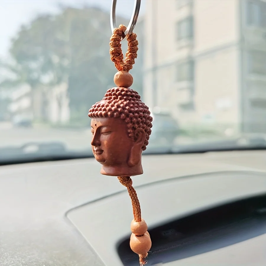 Ethnic Mascot Mahogany Unique Peach Wood Carved The Buddha Head 3D Key Chain Car Key Ring Rings  - Perfect Gift for Any Occasion