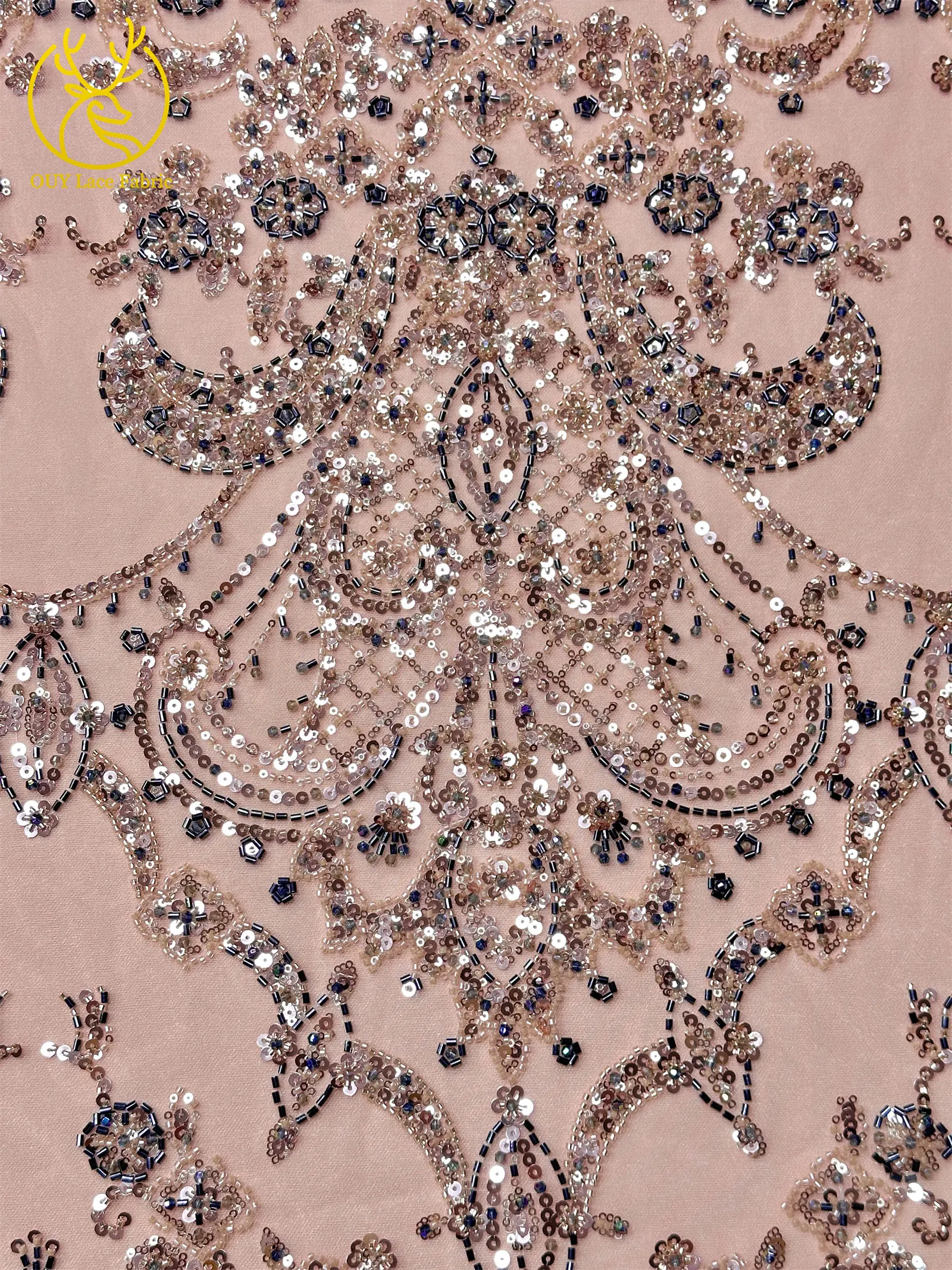 Pfirsichfarbener, hochwertiger, eleganter afrikanischer Brautkleidstoff mit Stickerei und Perlen, 2026 Nigerianische Pailletten-Spitze für Abendkleider und Hochzeitskleider zum Nähen – Detail 8