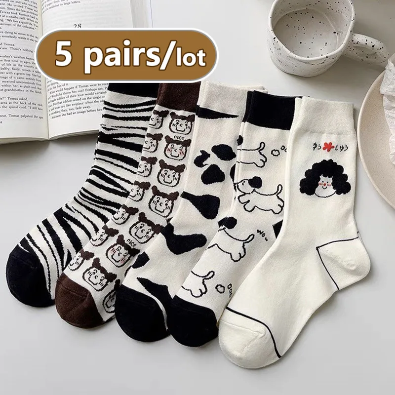 

5 Pairs of Women's Black White Socks Set Simple Korean Cute Funny Socks Zebra Cow Puppy Stockings Creative Couple Mid-tube Носки