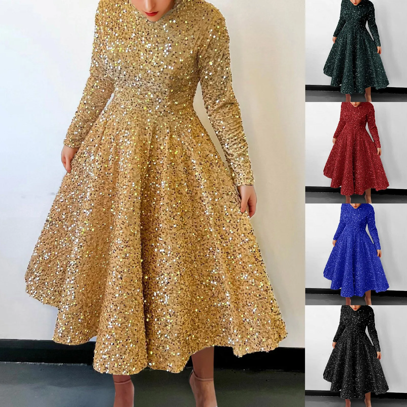 Plus Size Spring New Round Neck Long Sleeved Solid Color Sequin High Waisted Fashionable Temperament Mid Length Slim Fit Dress