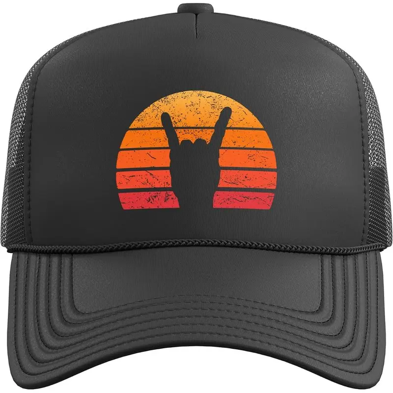 Retro Sun Rock Hand Sign Punk Rocker Music Festival Trucker Hat with Adjustable Mesh Back