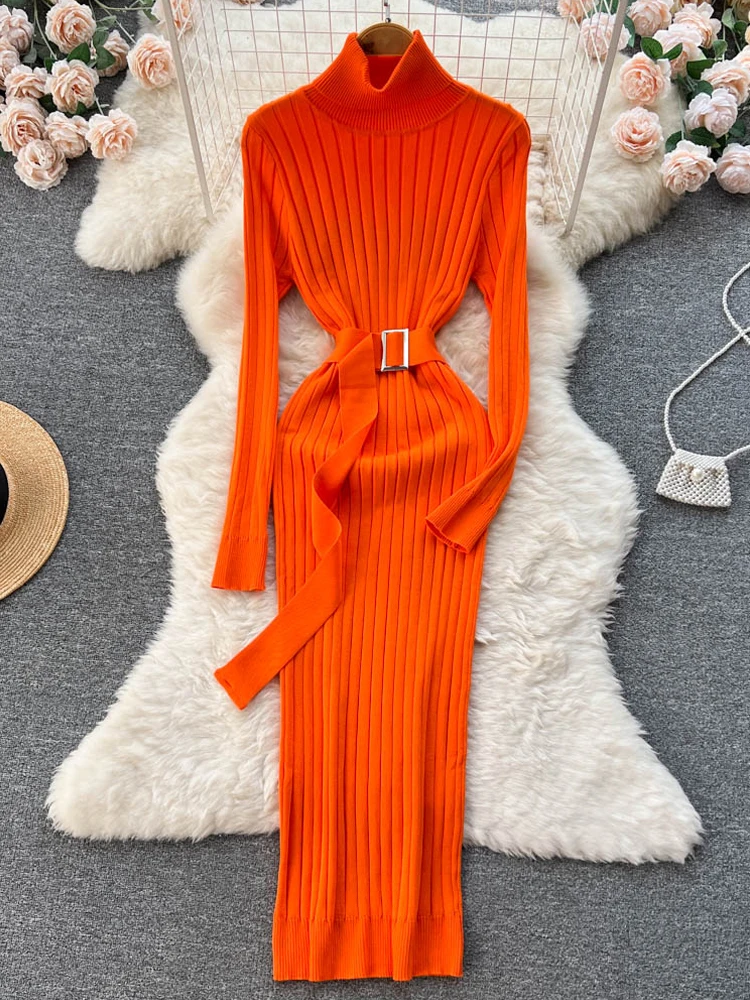 YuooMuoo Limited Big Sales Women Dress Autumn Winter Elegant Turtleneck Knitted Sweater Dress with Belt Lady Wrap Hips Bodycon