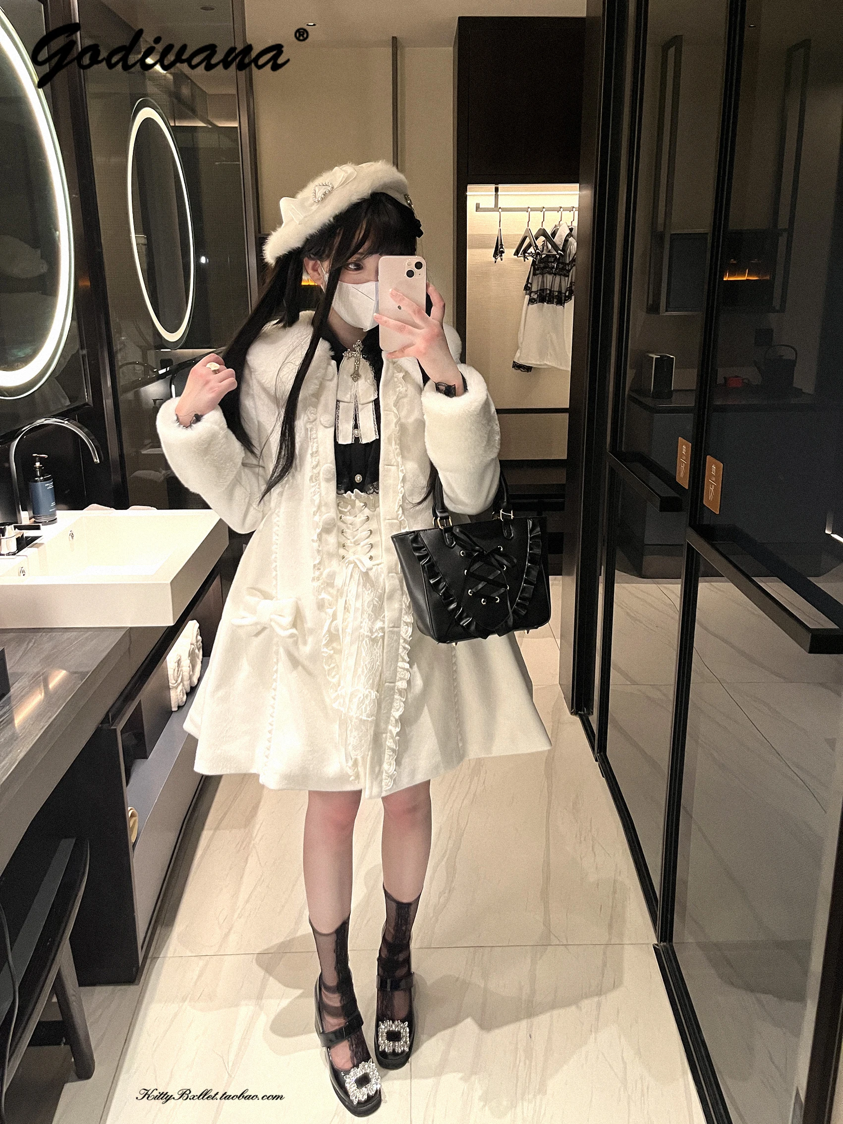 เสื้อคลุมขนสัตว์แบบถอดได้สำหรับผู้หญิงและเด็กผู้หญิง สไตล์หวาน ประดับโบว์ ทรงเข้ารูป กระดุมแถวเดียว สไตล์โลลิต้า สำหรับฤดูใบไม้ร่วงและฤดูหนาว