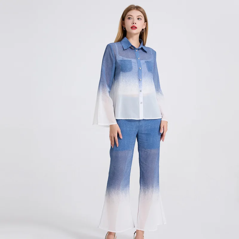 

Элегантный градиентный комплект из 2 предметов, женские рубашки контрастного цвета + прямые широкие брюки с высокой талией, новинка лета 2023 г.