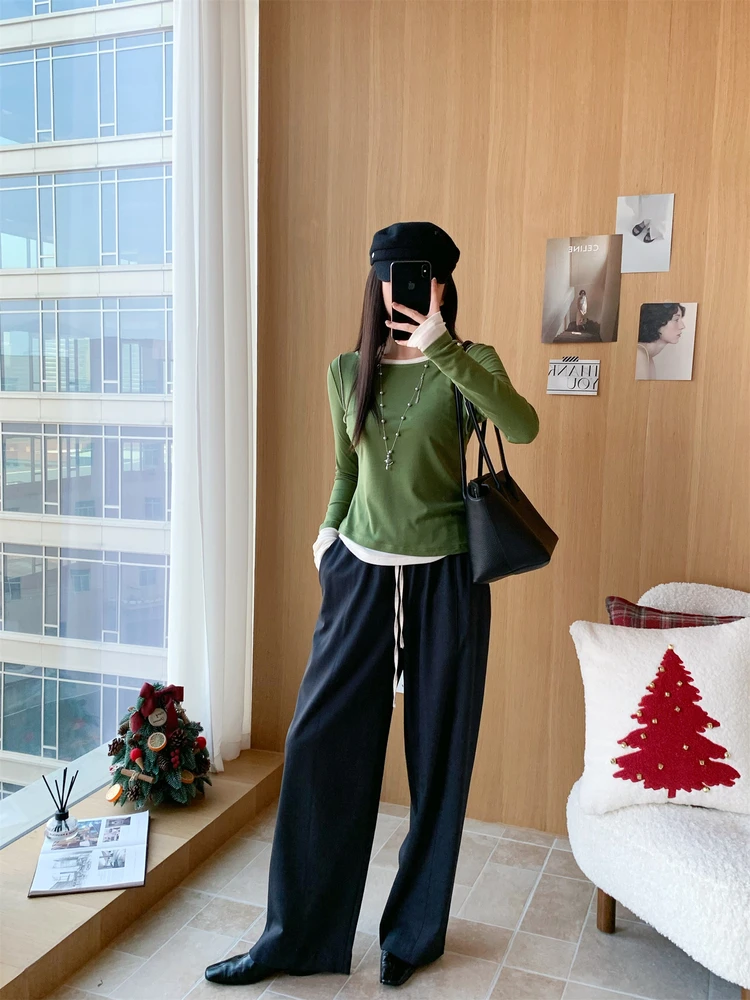 

Асимметричная цветная шерстяная базовая футболка с длинным рукавом и круглым вырезом для женщин, повседневная, А-силуэт, зимняя мода