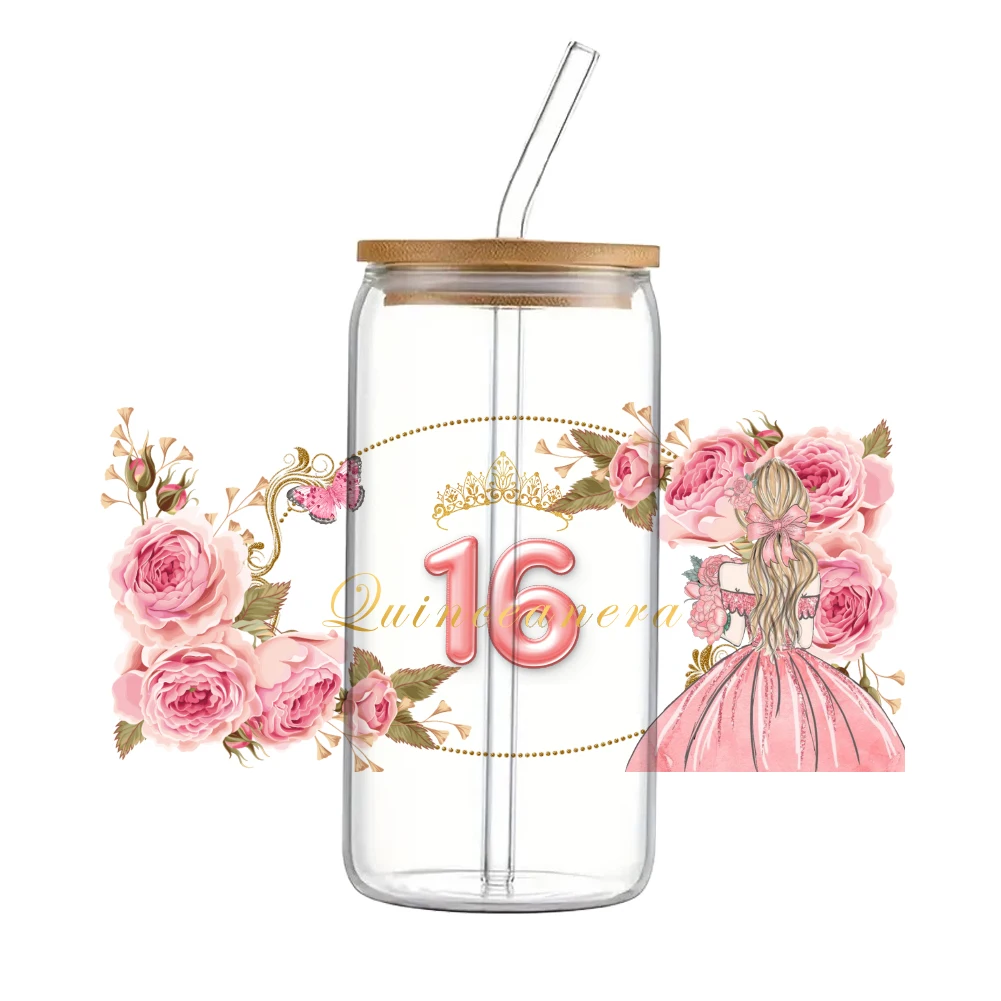 11x24cm Ceremony Birthday Wedding For Libbey 16oz Can Glass 3D Waterproof UV DTF Coffee Can Wrap Libbey Glass Wrap