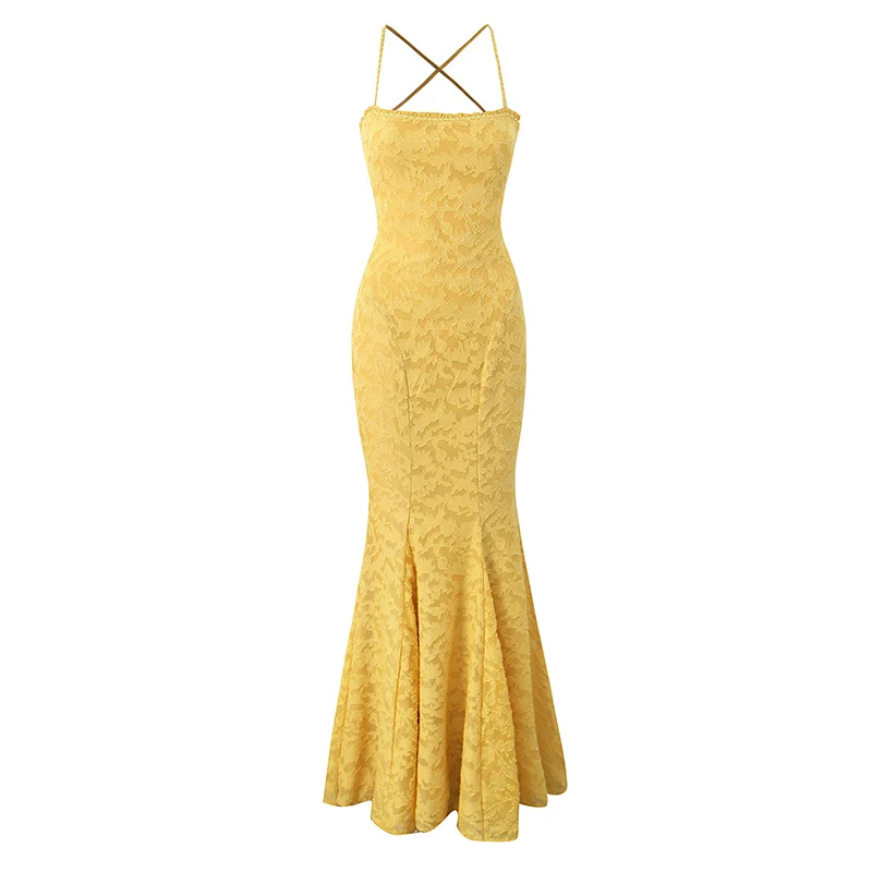 YENKYE Sexy Backless Bandage Long Fishtail Dress For Women Elegant Wedding Guests Party Evening Gowns Dresses Maxi Robe Yellow