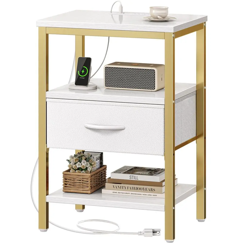 Mesita de noche con estación de carga, mesa auxiliar de cama con cajón de tela ajustable, mesita de noche para recámara, mesa auxiliar