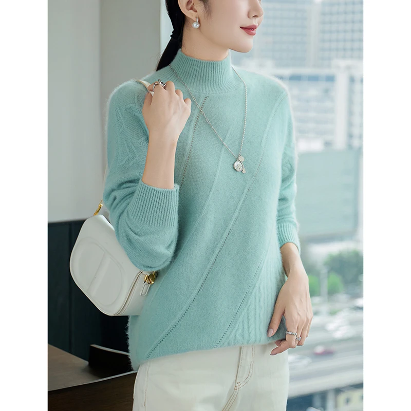 Fall/Winter New Half-high Neck 100% Pure Wool Sweater with Thickened Twill Woven Cashmere