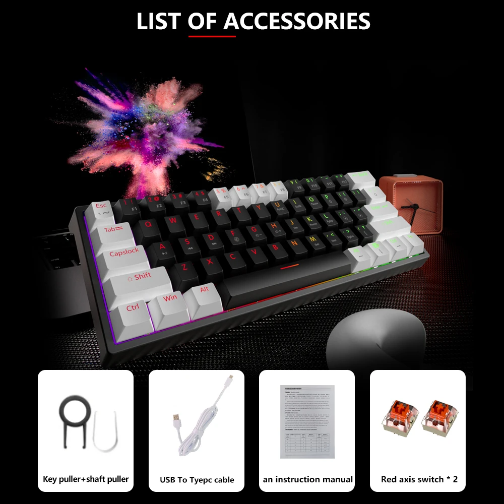 MUCAI MK61 USB Gaming Mechanical Keyboard Red Switch 61 Keys Wired Detachable Cable RGB Backlit Hot Swappable