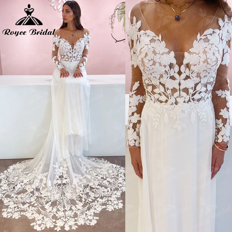 Impresionante Vestido De boda De corte A con botones en la espalda, ilusión, manga larga, encaje recortado, gasa, cuello en V, Vestido De tren De novia