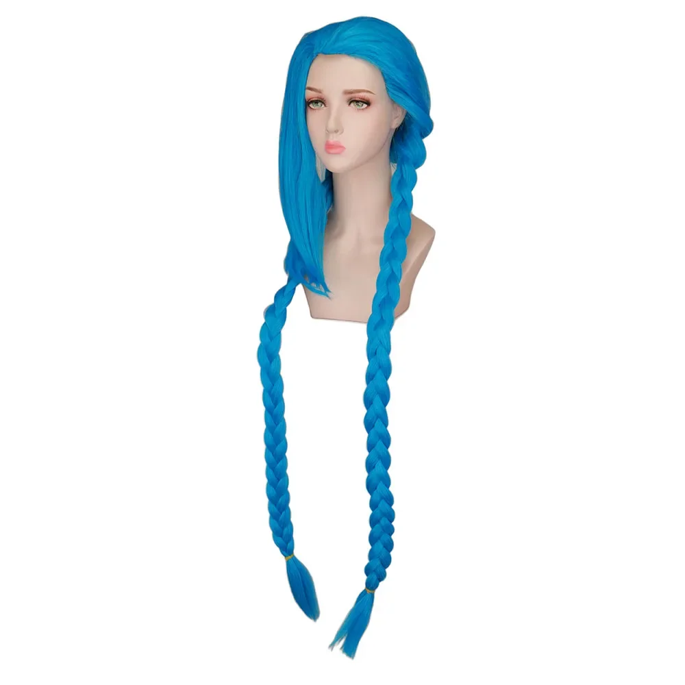 QQXCAIW Anime Cosplay LOL Jinx Lang Blauw met Dubbele Vlechten Hittebestendige Synthetische Haar Pruiken Halloween