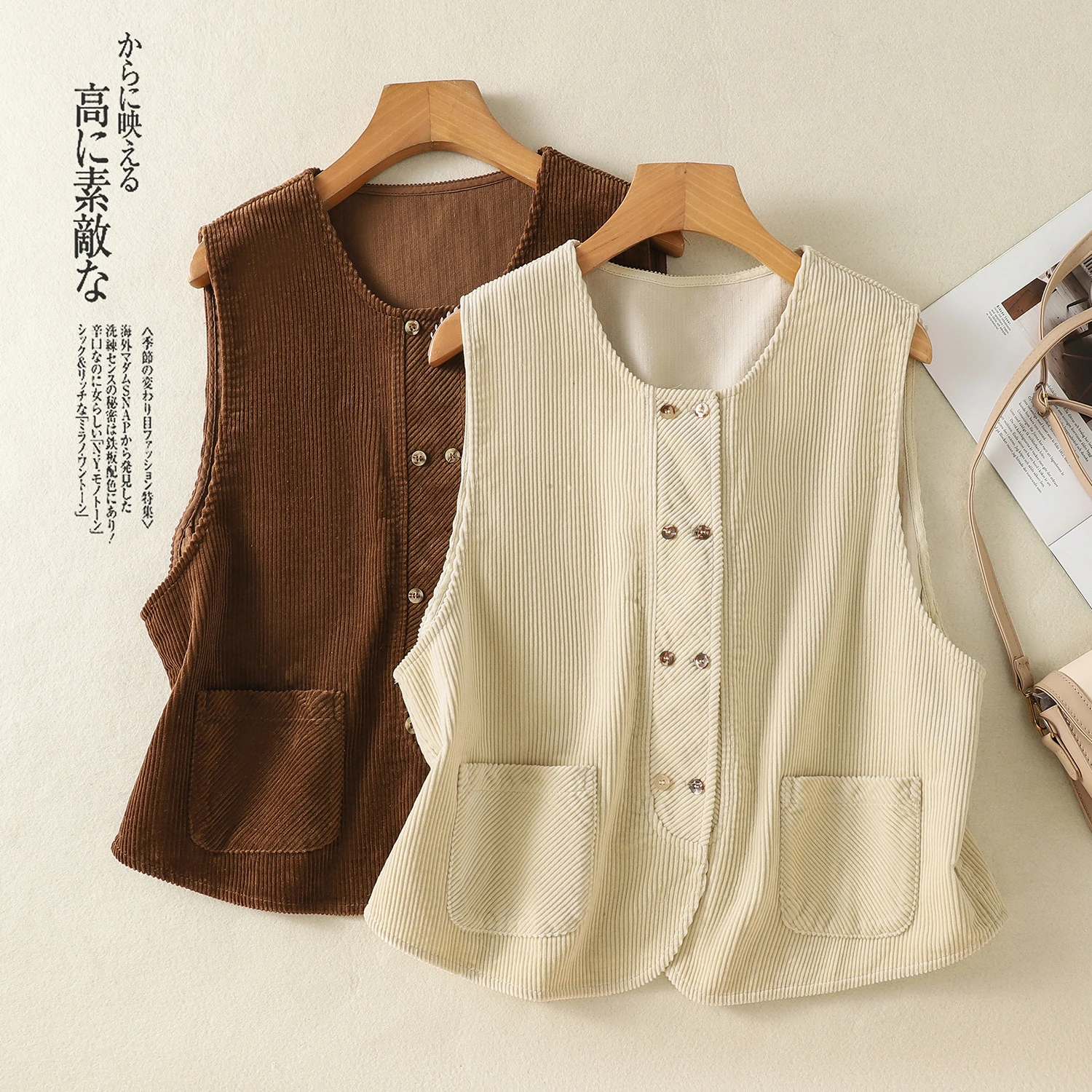 

Spring Autumn Women's Sleeveless Corduroy Jacket Cardigan Button-Up O-neck Pocket Beige Coffee Vest Elegant Ladies Waistcoat Top
