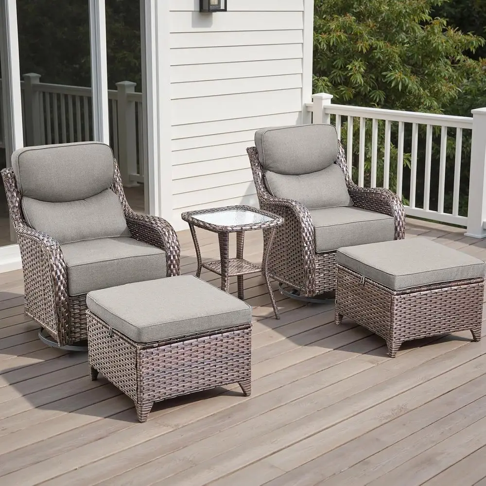 

5-Piece Outdoor Patio Furniture Set with Swivel Rockers, Ottomans, and Side Table, 6 Cushions, Waterproof Wicker, Brown/Beige