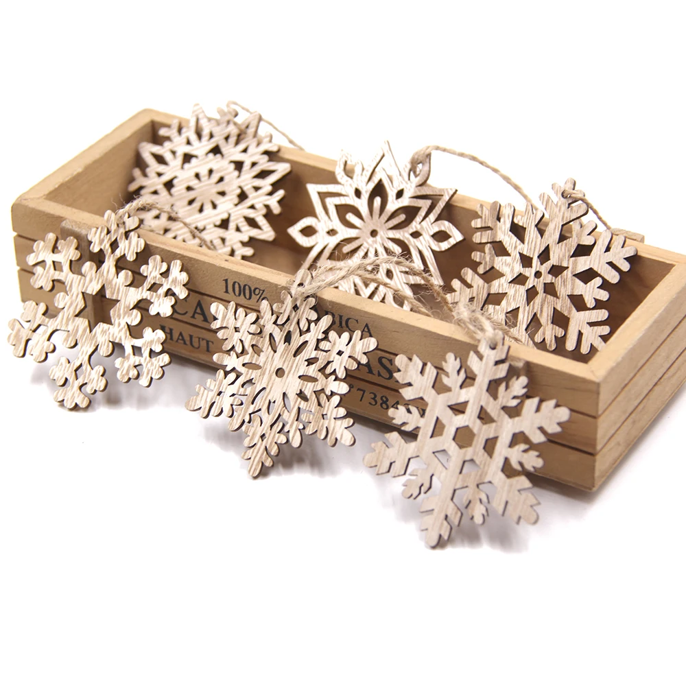 12PCS/Box Wooden Hollow Snowflake Christmas Vintage Pendants Xmas Hanging Ornaments for Noel Tree Decorations DIY Painting Gifts