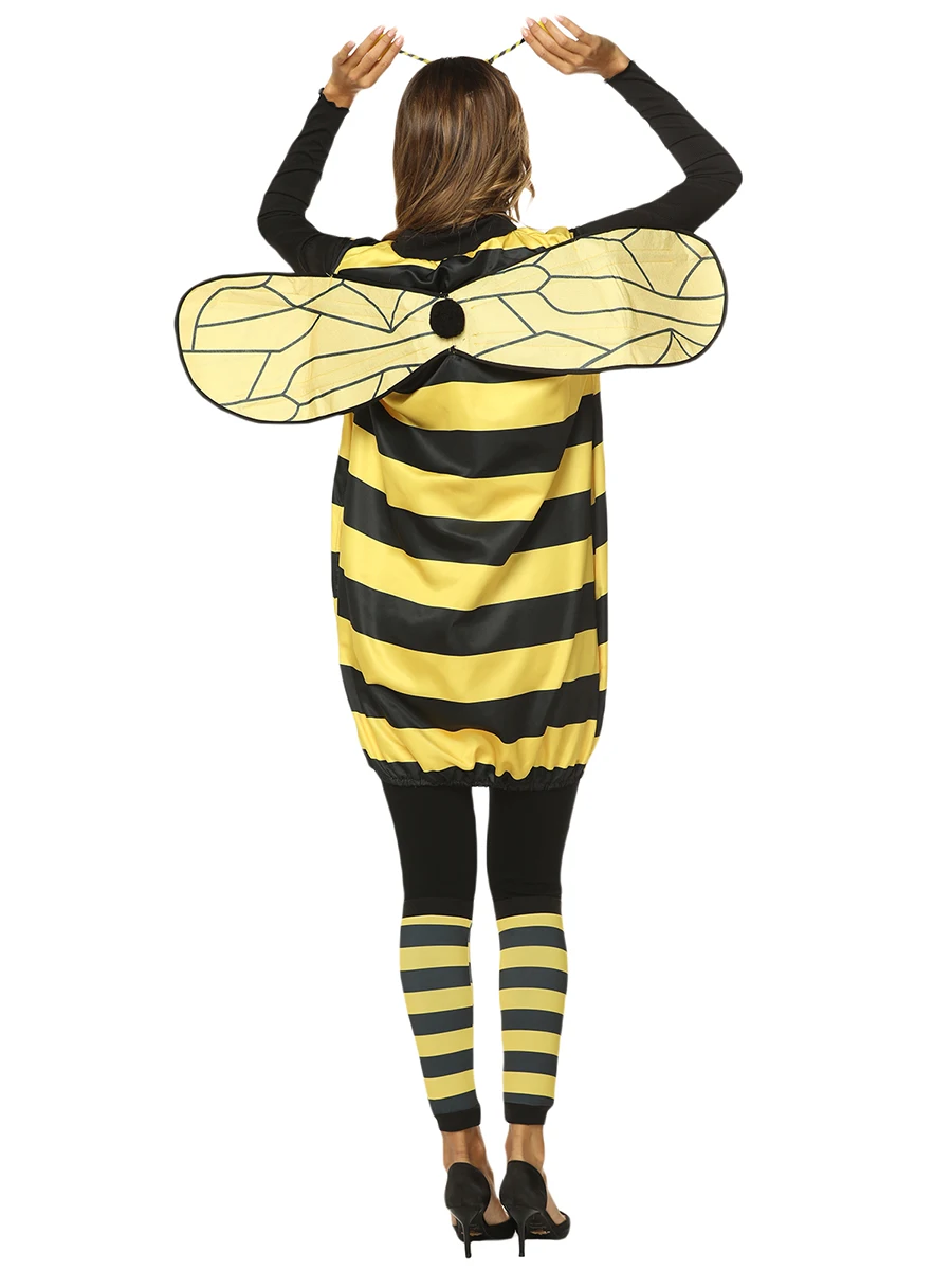 Bee Costume Adult Halloween Costume Women Bee Halloween Costumes with Wings Headband Leg Sleeves for Party Dress Up