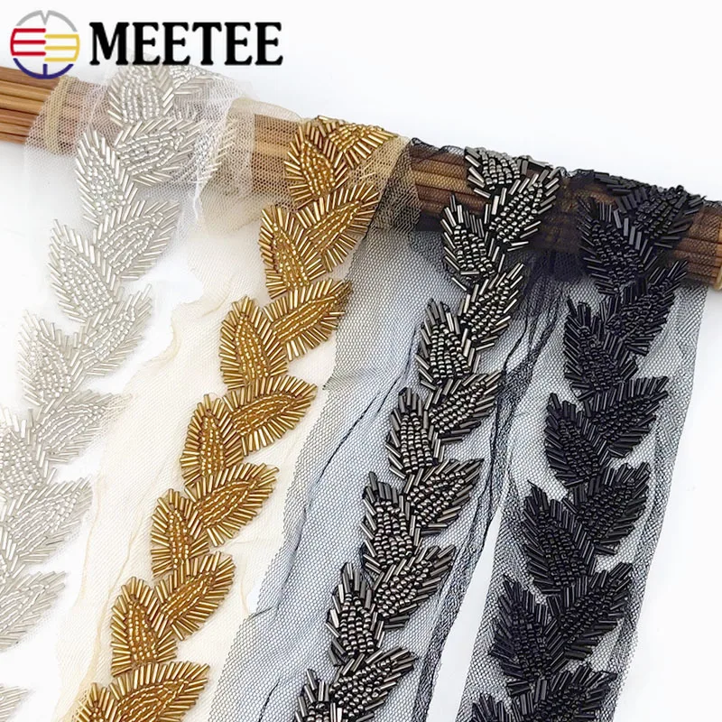 

Meetee 6cm Pearl Beaded Lace Trims Leaf Mesh Fabric Ribbon Tape Band Weding Dress Collar Headdress Applique DIY Crafts Material