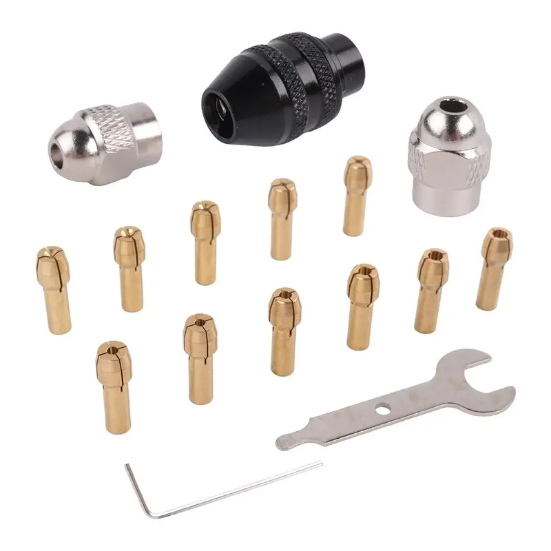 M12K-16Pcs Drill Chuck Collet Set, 1/32 To 1/8Inch Drill Chuck Collet Set With 11Pcs Brass Collet, 3Pcs Chuck, 2Pcs Wrench