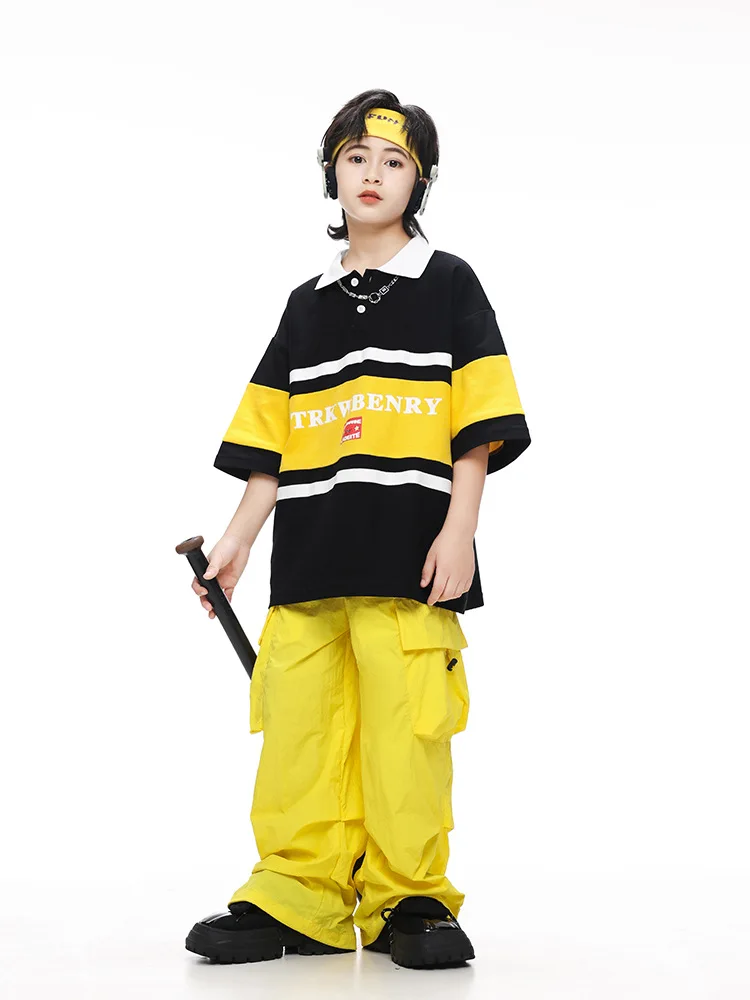 

Kid Hip Hop Clothing Black Yellow Polo Neck T Shirt Top Yellow Casual Wide Cargo Pants for Girl Boy Dance Wear Costumes Clothes
