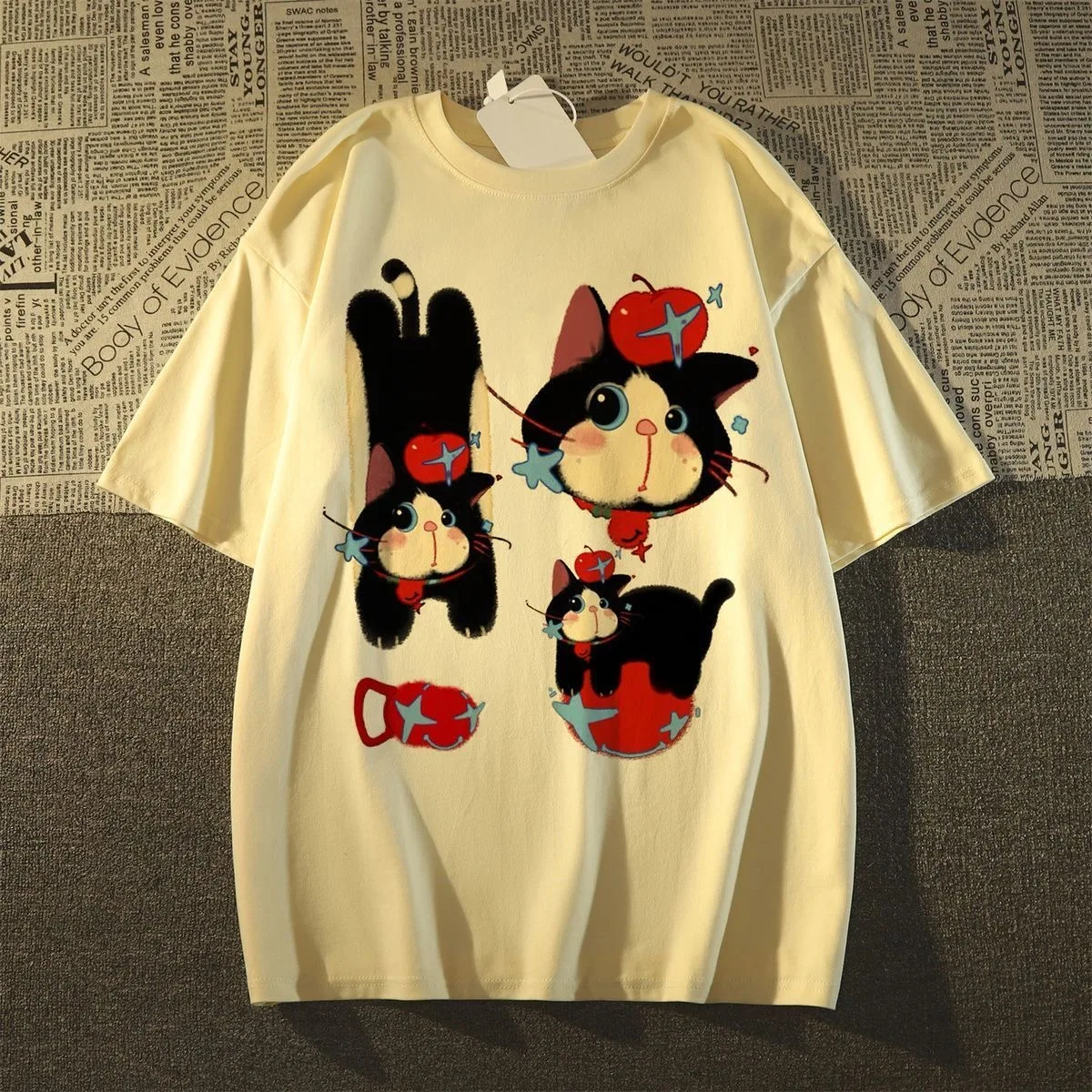 Camiseta con estampado de gato de manzana para mujer, camiseta 100% de algodón Kawaii Y2K de verano, Top coreano Kawaii de manga corta, camiseta de gran tamaño de talla grande