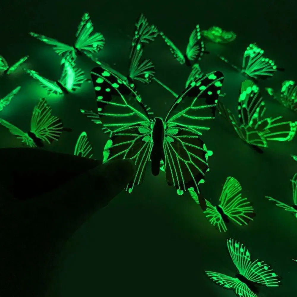 12x luminoso 3d borboleta adesivo de parede para crianças quarto casa sala geladeira decalque brilho no escuro decoração de papel adesivo