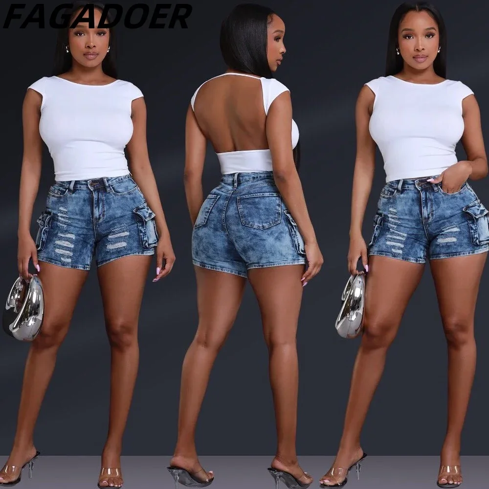 Fagadoer-سراويل جينز مع طباعة زرقاء للنساء ، سراويل بضائع عالية الخصر مع ثقب وزر ، نمط رعاة البقر على الموضة
