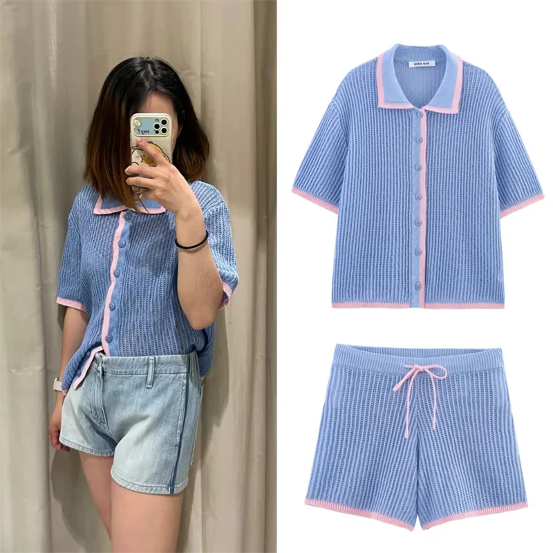 

Women's Suit New Summer 2025 Color-blocked knitted short-sleeved jacket shorts suit Casual fashion Seaside holiday Lively
