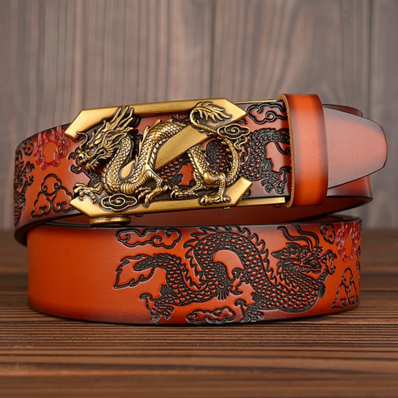 Male Genuine Leather Belts Casual Ratchet Belt with Automatic Buckle Luxury Design Dragon Pattern Belts for Business Men Strap