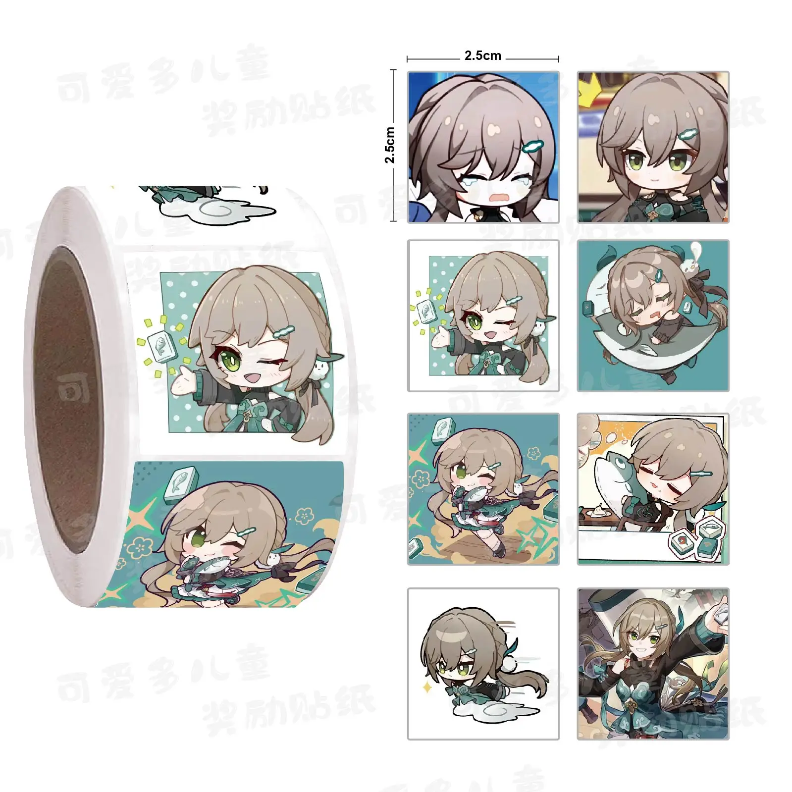 

Anime Honkai: Star Rail Qingque Cosplay Cute Adhesive Label Square Curly 500 Stickers/rolls Handbook Decorate Xmas Birthday Gift