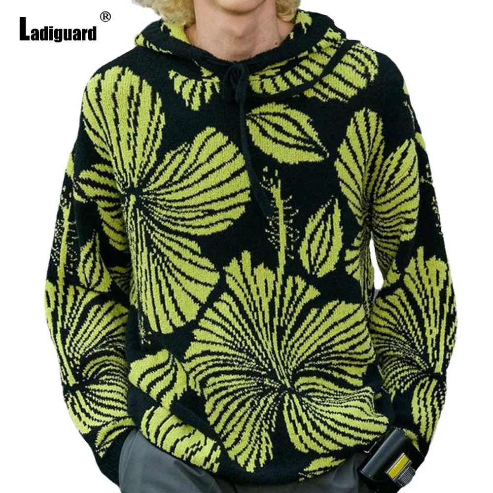 Men Casual Retro Knitted Sweaters Vintage Hooded Jumpers 2024 Boho Flower Print Tops Cardigans Mens Gothic Fashion Sweater New