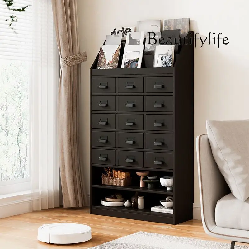 

Solid Wood Light Luxury Black Vintage Bucket Storage Cabinet Magazine Living Room Drawer Collection Side Cabinet