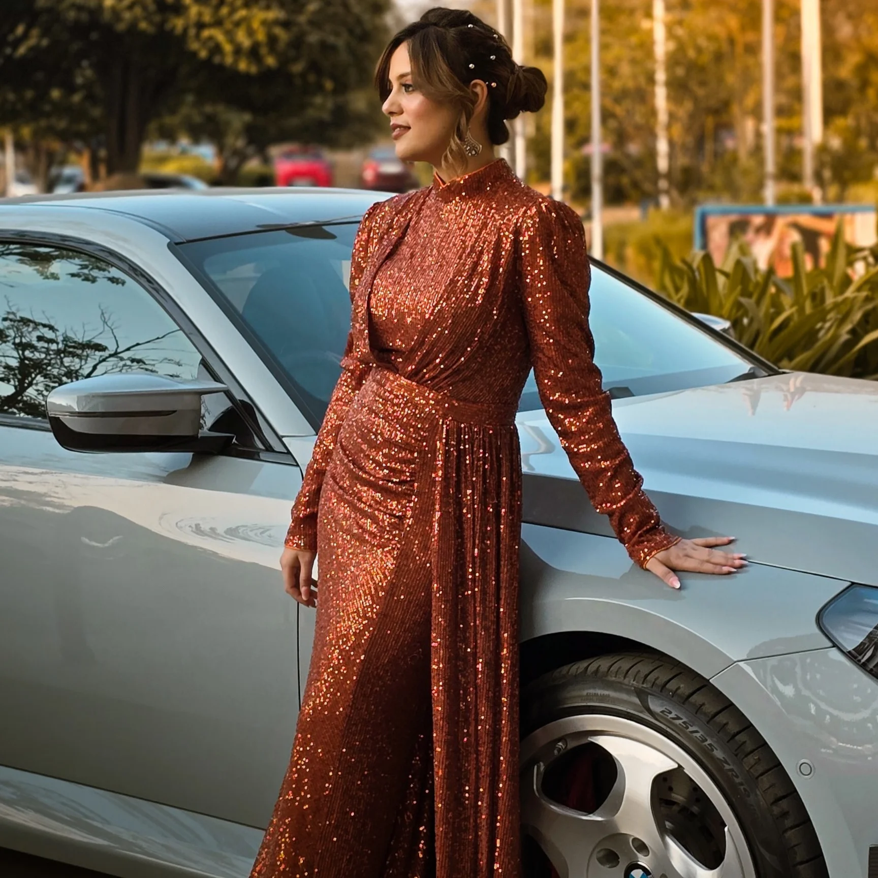

Brown Sequin Evening Dresses Long Sleeves vestidos de noche Exquisite Prom Dress High Collar Wedding Party Gown Customized
