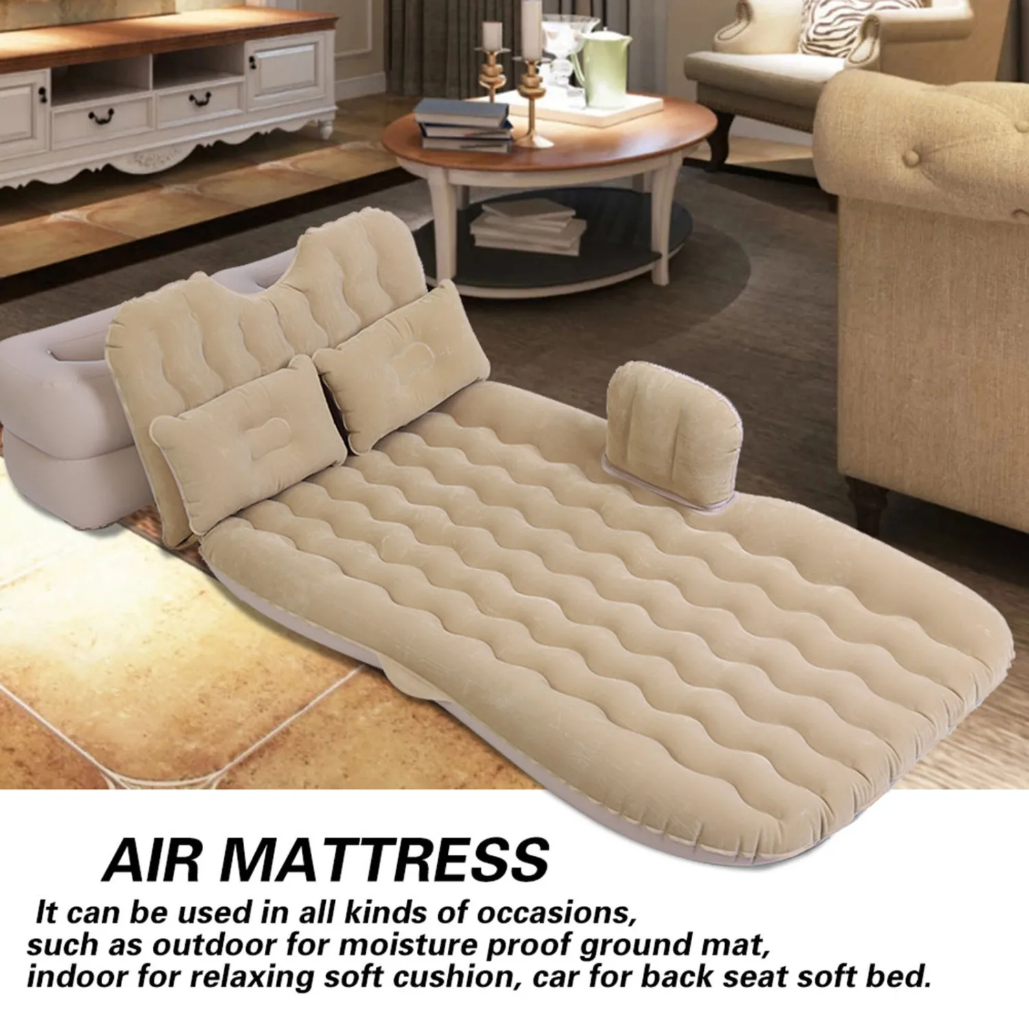 

Inflatable Bed Mattress Indoor Outdoor Camping Travel Car Back Seat Air Beds Cushion(Beige)