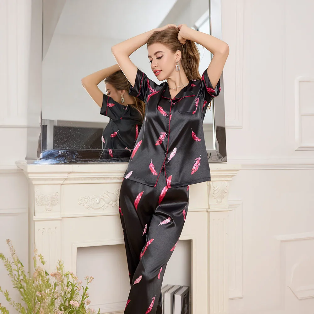 

Sexy Lapel Print Satin Sleepwear Luxury Home Clothes Short Sleeve Shirt Pants 2Pcs Satin Pijama