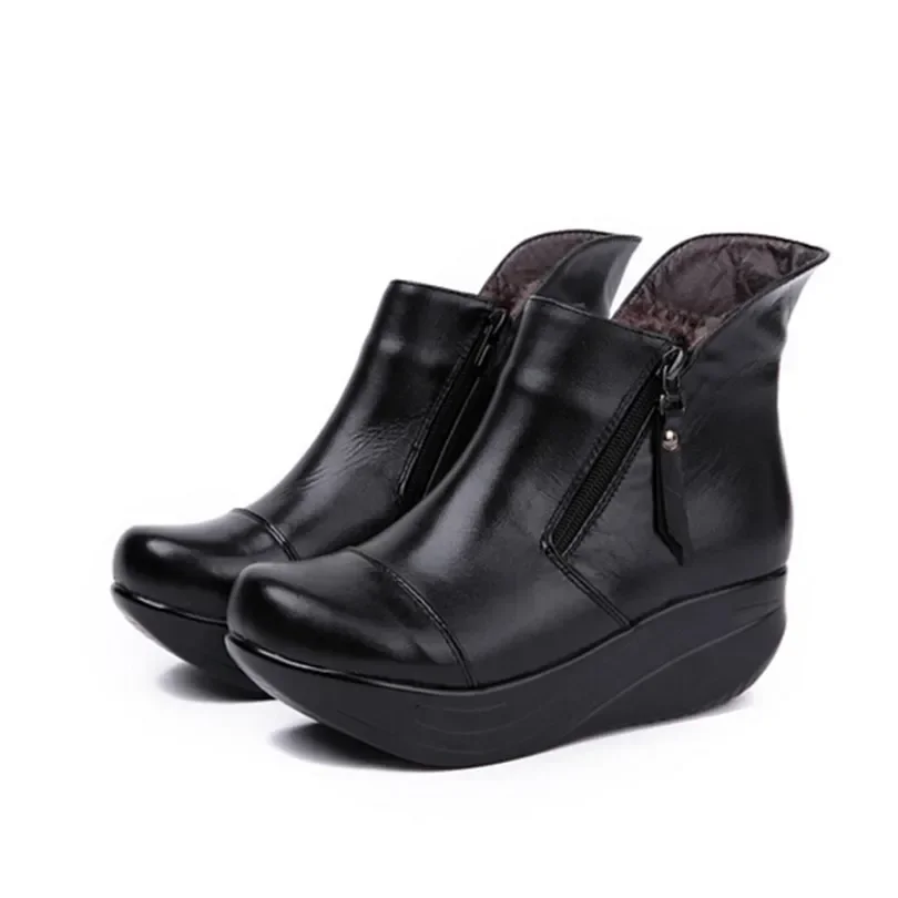 SNURULAN  Vintage Zipper Women Boots Black Genuine Leather Wedges Swing Shoes Warm Plush Winter Shoes Round Toe Platform Shoes