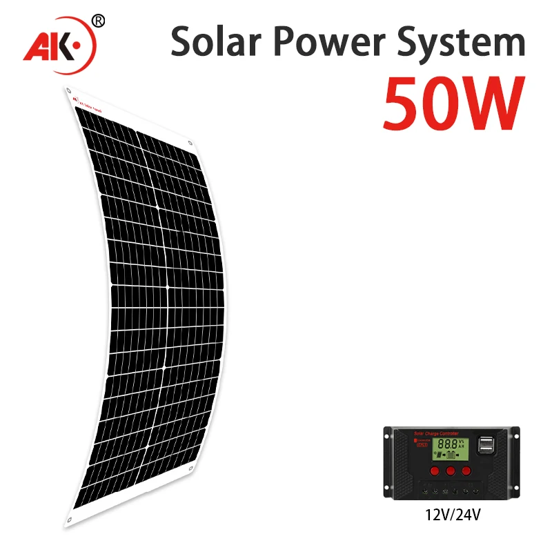 AK 50W flexible solar panel 21v 18v high efficiency battery charger module is suitable for camping car boat RV solar panel