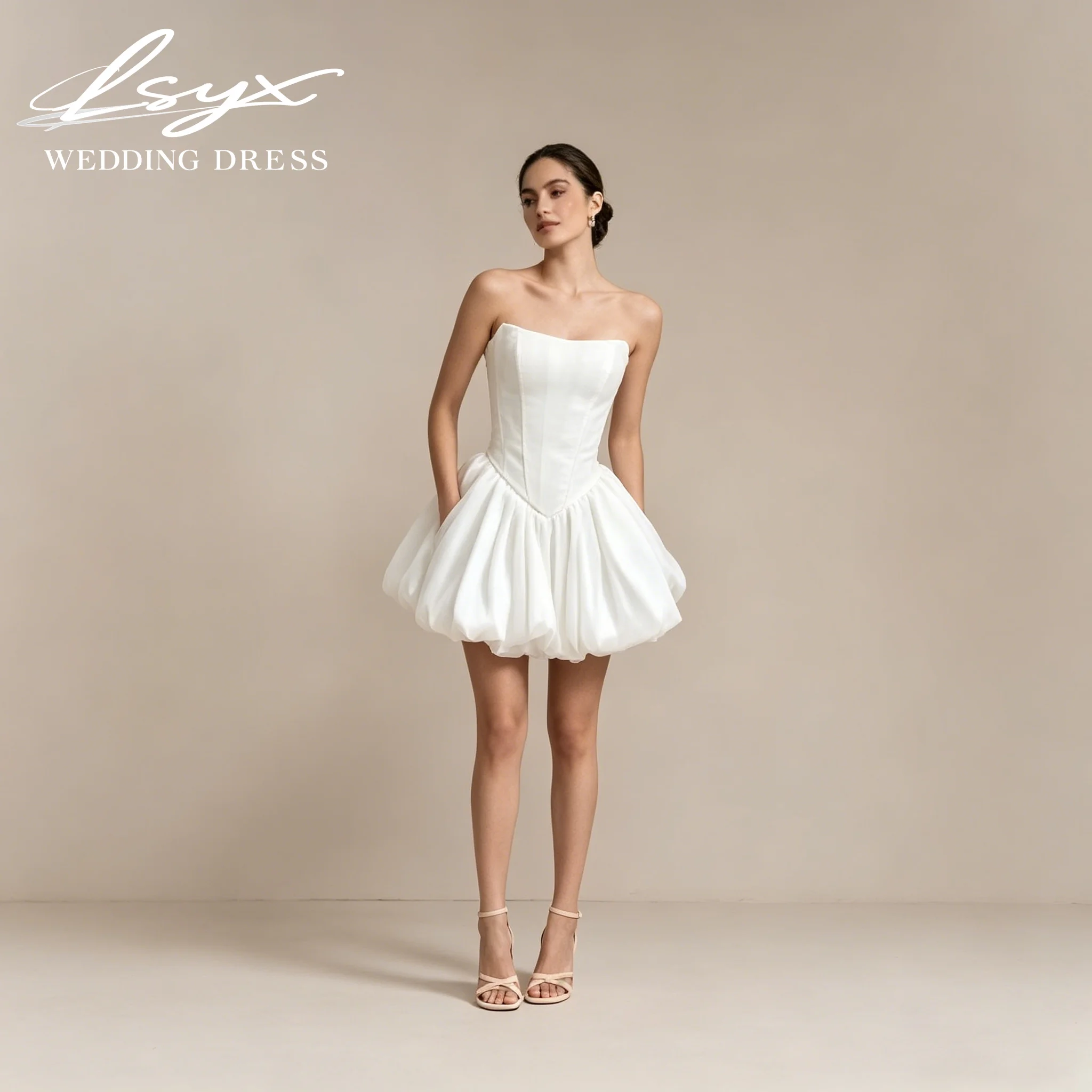 LSYX Strapless A-Line Embroidery Corset Mini Wedding Dress Puff Bubble Skirt Sleeveless Lace-up Back Elegant Bridal Gown Custom