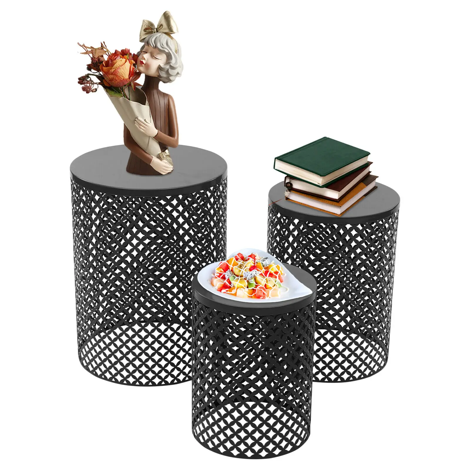 3Pcs Modern Metal Outdoor Side Table Cylindrical Frame Accent Table Outdoor End Table for Garden Balcony Patio