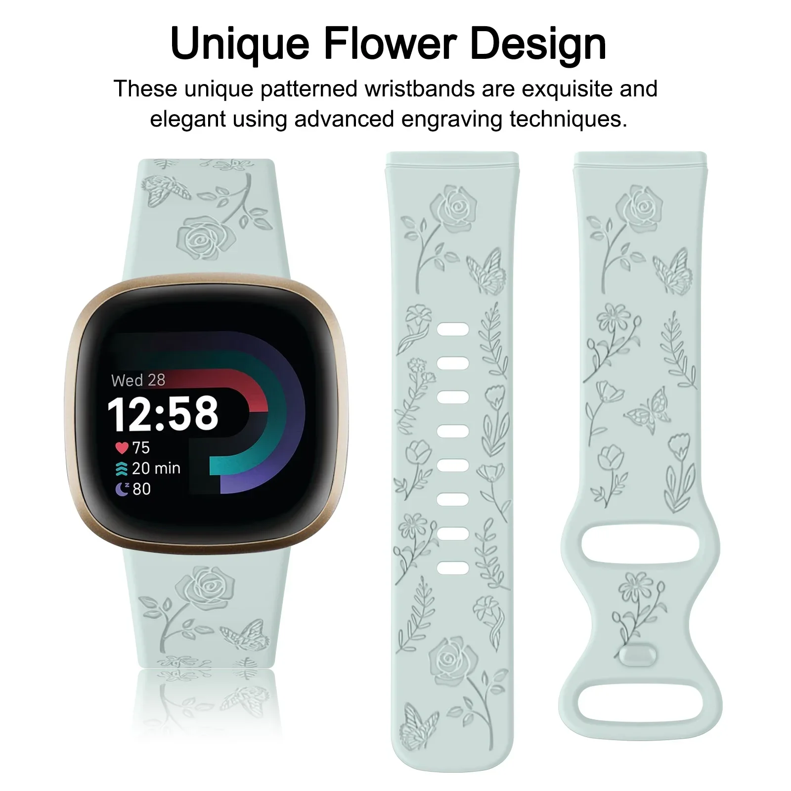 Flower Engraved Smartwatch Band for Fitbit Versa 3/Versa 4/Sense/Sense 2 Strap Soft TPU Sport Smartwatch Watchband Replacement