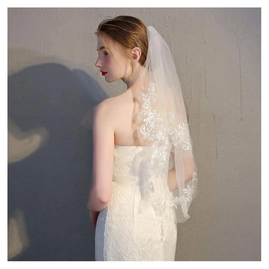 Flower Bride Wedding Veil Short Ivory Lace 2T Two-tier Shoulder Bridal Veils Soft Tulle Hair Accessories