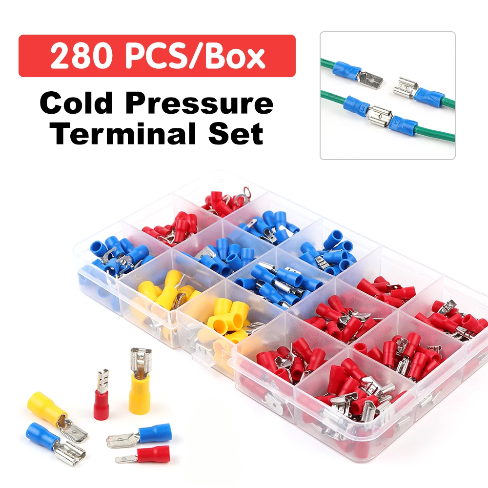 

280PCS/Boxed PVC Insulated Terminal Block Spade Pair Connector Male Female Kit Splice Crimp Terminals Cold Pressed End Terminal