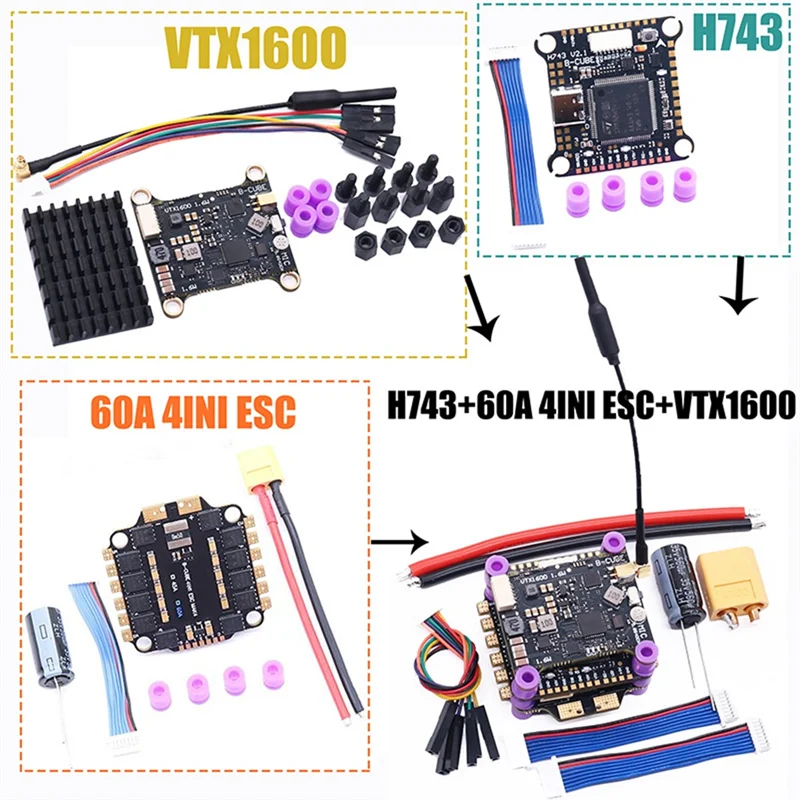 ELECT-For RC طائرة بدون طيار FPV متوافقة مع H743 التحكم في الطيران + 60A 4-INI ESC + VTX1600 3-6S مجموعة وحدة الدوران المزدوج BEC 30.5X30.5 مللي متر