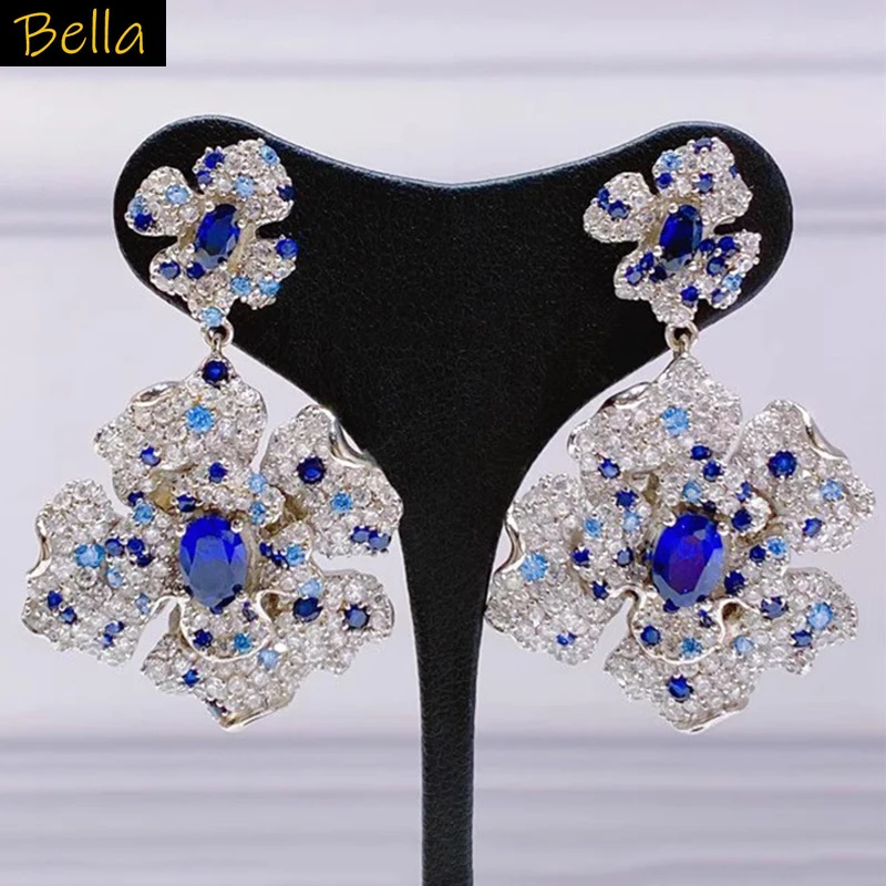 

sparkly large earrings blue flower sparkly zirconia wedding bride earrings women dinner party elegant jewelry