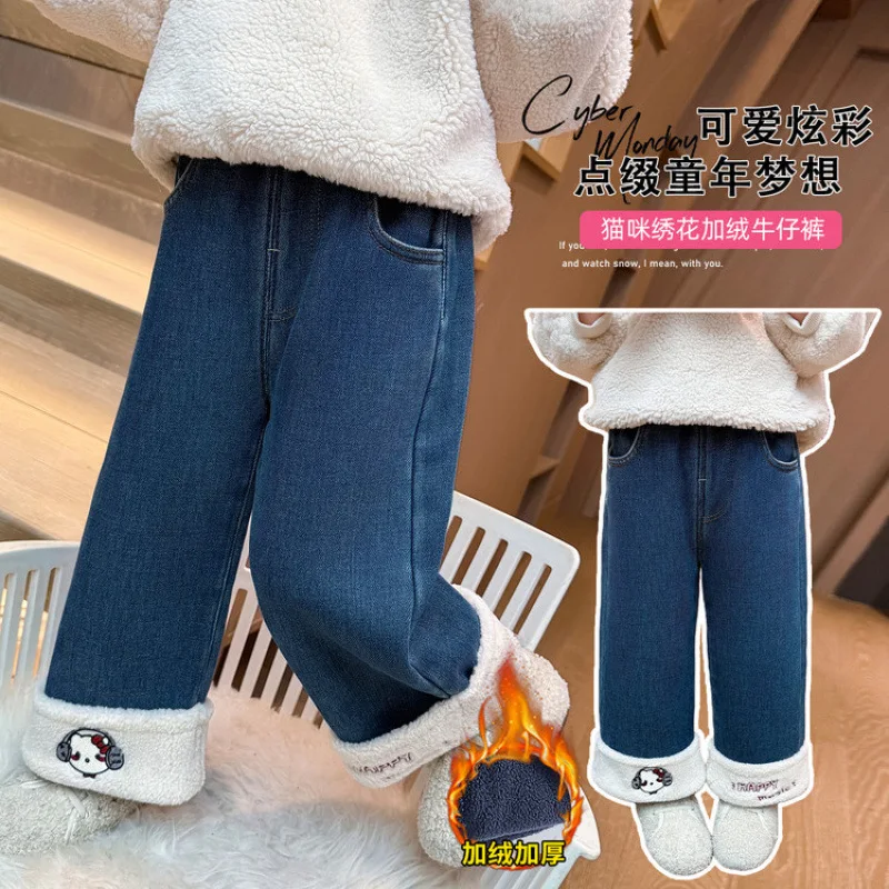 

New Girls Jeans Velvet Autumn Winter New Leisure Trousers Loose Keep Warm Kawaii Cartoon Anime Thicken Straight Pants