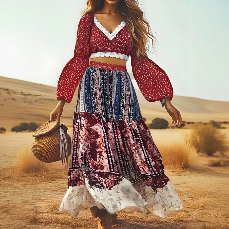 

2025 New Women's Printed Long Sleeve V Neck Top Maxi Flared Skirt Matching Two Piece Set