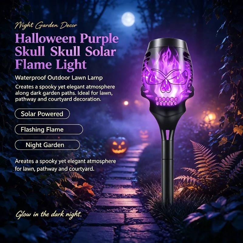 Halloween Purple Skull Solar Flame Torch Flashing Light Waterproof Garden Decoration Outdoor Lawn Path Courtyard Floor Lamp