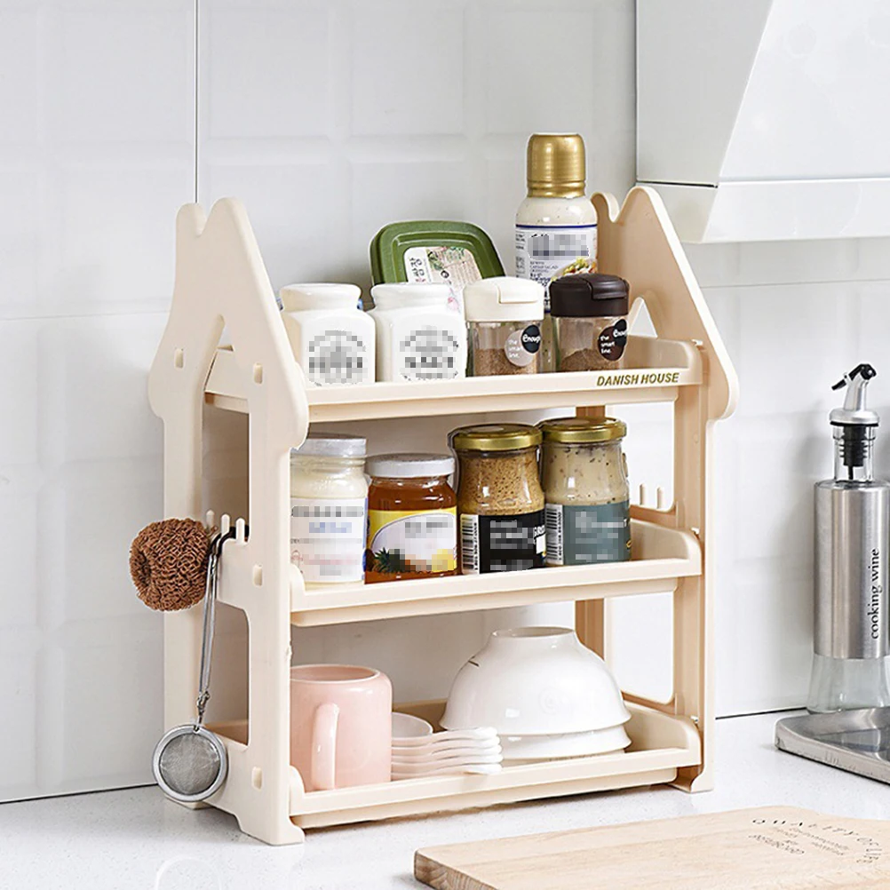 

Three Layers Multifunctional Plastic Storage Rack Desktop Condiments Organizer Holder Shelf for Bathroom Kitchen (Beige