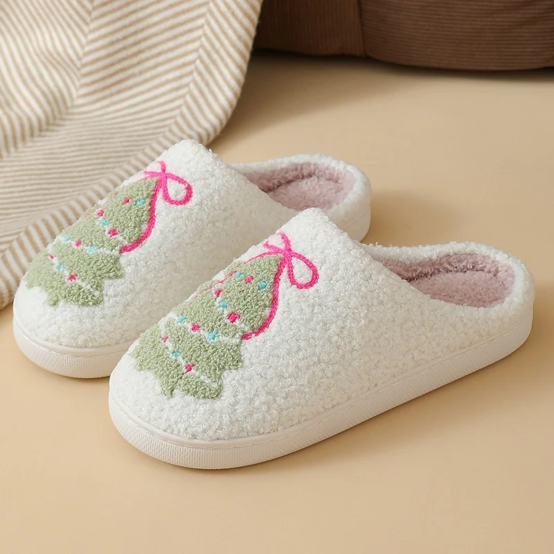 Winter Christmas Tree Cotton Slippers for Women Couple Winter Cute Cartoon Home Non-slip Sandals Adult Indoor Floor Plush Slides